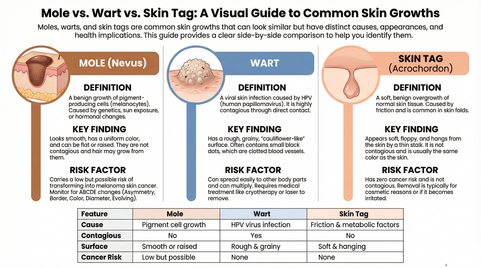 Mole vs Wart vs Skin Tag — Key Differences