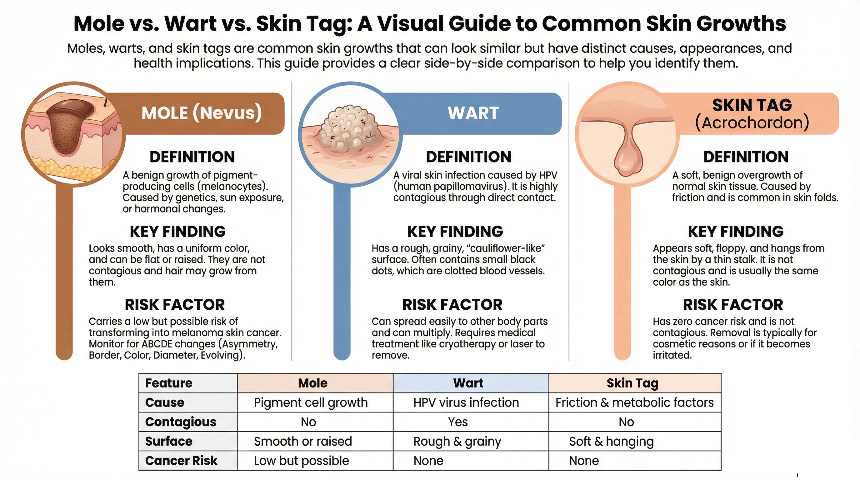 Mole vs Wart vs Skin Tag — Key Differences