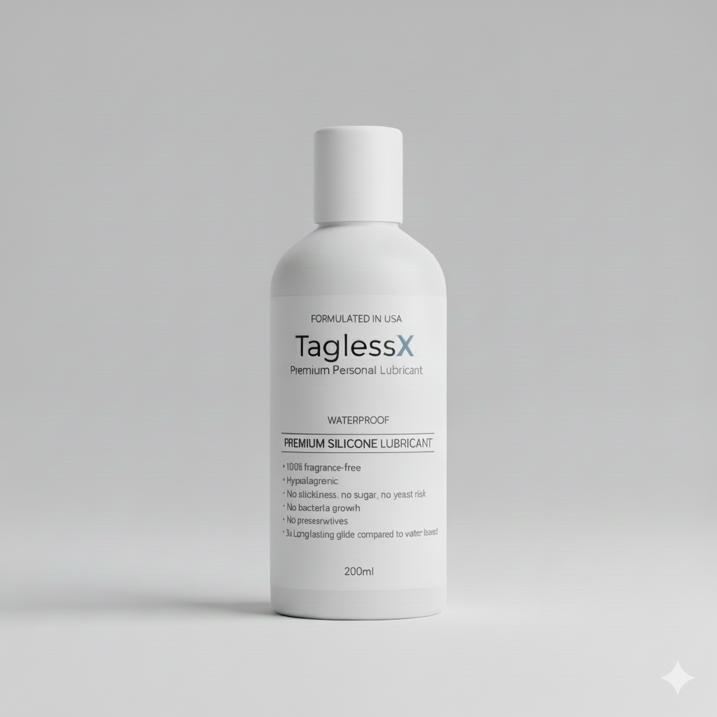 TaglessX premium personal lubricant bottle on a gray background. Silicone Lube Pakistan