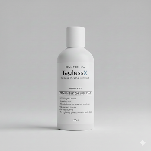 TaglessX premium personal lubricant bottle on a gray background. Silicone Lube Pakistan